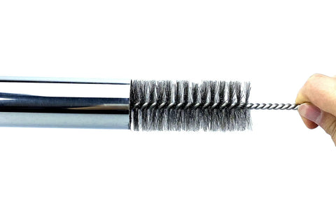 Close-up of stainless steel bristle in Pipe Cleaning Brush Set With Stainless Steel Bristles, 8 Piece Variety Pack For Auto Parts Bottles And Tubes.