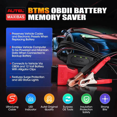 BTMS Pro Grade Car Battery Tester Memory Saver for OBD2 Vehicles featured with cables, alligator clips, and LED indicator