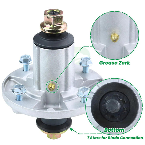 2 Pack Spindle Assembly With UC26511 Pulley Replacement For John Deere Z225 X300 X304 showing grease zerk and blade connection