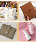 Grid with tote bags, brown notebook, beige cardholder, pink shoe covers, not clearly showing 100 Full Snap Button Sets 9.5mm Metal Snaps.