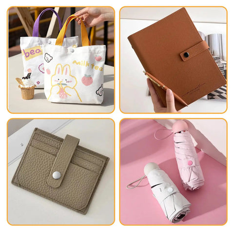 Grid with tote bags, brown notebook, beige cardholder, pink shoe covers, not clearly showing 100 Full Snap Button Sets 9.5mm Metal Snaps.
