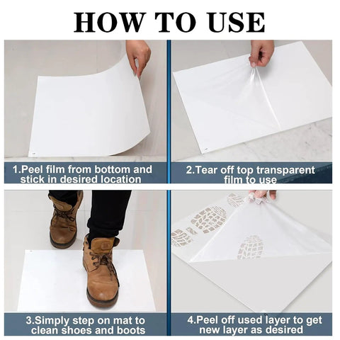 Heavy Duty Tacky Floor Mats 300 Total Sheets Snags Dirt Dust And Grime Straight Off Shoes And Wheels demonstrating usage steps.