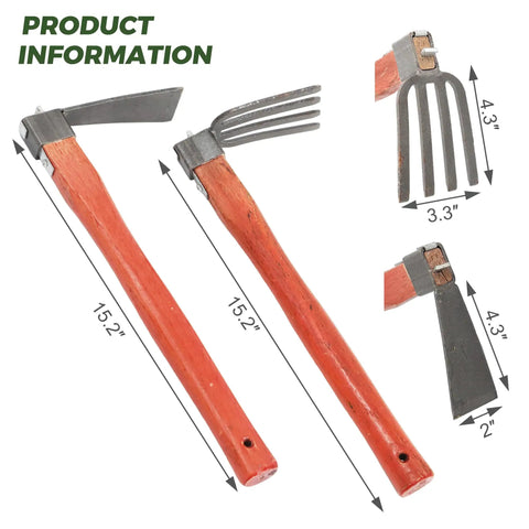 Heavy Duty Garden Tool Set 2 Piece Cultivator Kit With Carbon Steel Hoe And Rake, 15.2 Inch Wooden Handles, product dimensions shown