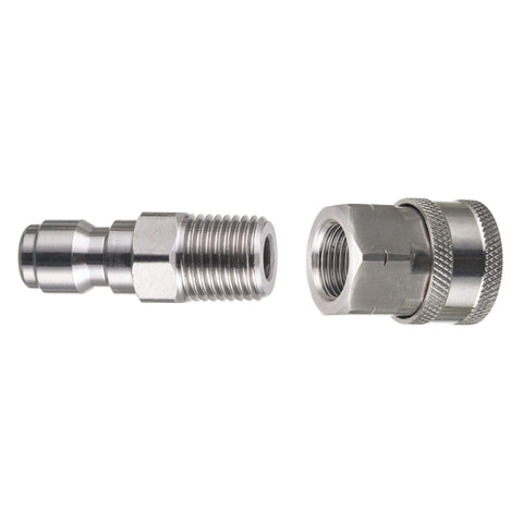Front view of 2-pack RIDGE WASHER pressure washer couplers; metal 1/4-inch quick-connect plugs with male NPT fittings