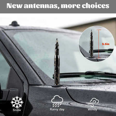 Stubby Bullet Car Antenna With Iridescent Finish 5.5 Inch Beefed Up Truck Antenna shown on a wet truck hood