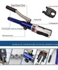 Hydraulic Copper Pipe Press Tool With U TH M V Dies For Fittings And PEX Clamping Pro Grade DIY Starter Kit shown disassembled