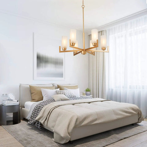 Six Light Gold Chandelier With White Frosted Glass Shades For Dining Room Living Room Kitchen And Bedroom Modern Chic Fixture