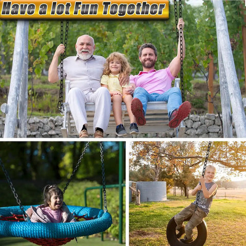 Rock Solid Black 304 Stainless Steel Swivel Ring With Twist Resistant Dual Snap Hooks And Smooth Action Rotation For Tree Swing Hammock Heavy Duty Rigging M8 Size, family playing on swings.