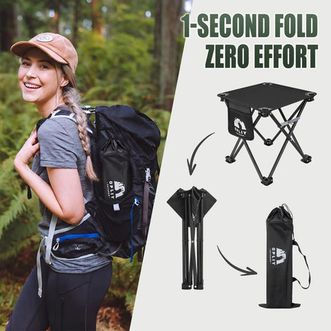 Woman carrying Two Pack Folding Camping Stool With Upgraded Latch Buckle, showing stool setup and carry bag with zero effort text