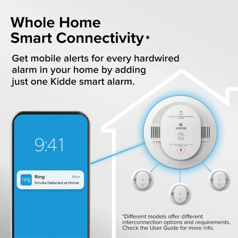 Smart Smoke And CO Detector With Ring App Alerts Hardwired With AA Battery Backup Ring Compatible Real Time Notifs 25 Percent Faster Smoke Detection No Subscription Needed Home Safety Tech on wall