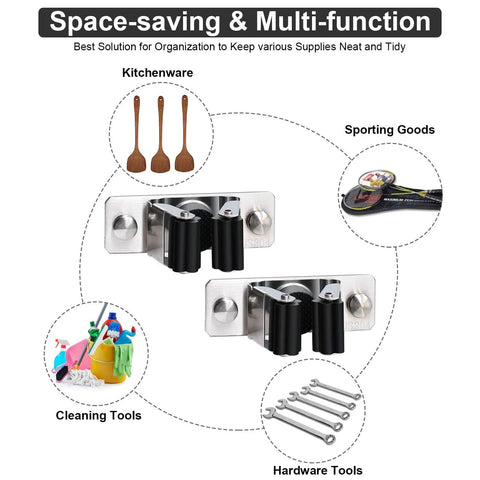 Heavy Duty Stainless Steel Mop And Broom Holder Wall Mount 2 Pack Broom Hanger Organizer For Laundry Room Garage Home Garden Storage Space Saving Tool Organizer For Kitchen Laundry Basement shown holding various items