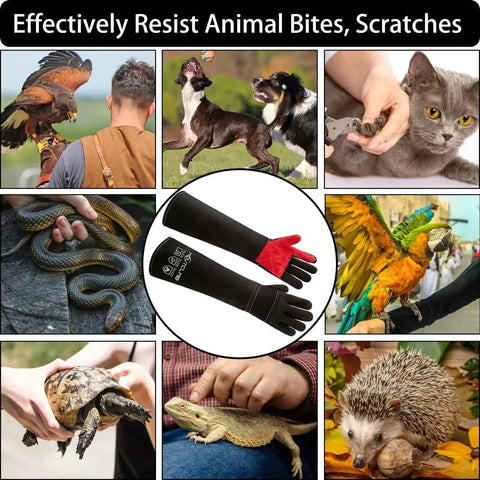 Long Welding Gloves 23.6 Inch Heat Resistant Leather With Kevlar for animal handling protection with various animals pictured