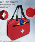 Compact First Aid Organizer Bag With Multiple Compartments For Travel Camping Hiking Car Home Use Red Emergency Medical Kit With Quick Access Transparent Pockets And Easy Grab Handle front view with reflective strip, zippers, and handle.