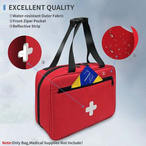 Compact First Aid Organizer Bag With Multiple Compartments For Travel Camping Hiking Car Home Use Red Emergency Medical Kit With Quick Access Transparent Pockets And Easy Grab Handle front view with reflective strip, zippers, and handle.