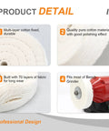 SCOTTCHEN 6-inch buffing polishing wheel, 70-ply cotton, 1/2-inch arbor, 2-pack; fabric layers and bench grinder mounting shown