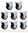 Built Like A Tank Rigid Caster Wheels 8 Pack 1.5 Inch Black PVC Fixed Base Plates, showing wheels with metal mounts and screws.
