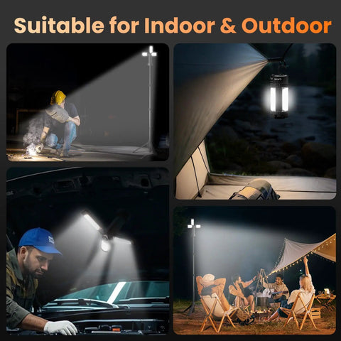 Your Go To Camping Light With Stand, Cordless LED Work Light, 2200 Lumens, versatile outdoor lighting shown in various setups