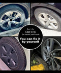 Matte Black Wheel Touch Up Paint Kit For Curb Rash And Scratches Quick Easy Rim Repair With Durable Rim Paint image showing four car wheels.