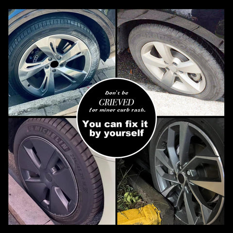 Matte Black Wheel Touch Up Paint Kit For Curb Rash And Scratches Quick Easy Rim Repair With Durable Rim Paint image showing four car wheels.