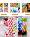 Close-up of vibrant diamond drills in Six Pack 5D Cartoon Diamond Painting Kits For Kids Beginners With Cute Animals, DIY craft.