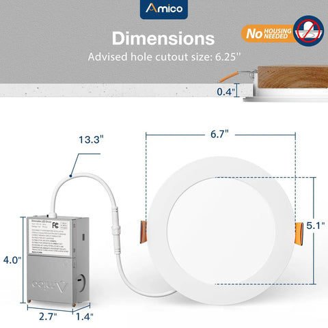 Dimensions of 6 Inch Led Recessed Light 20 Pack With Built In Junction Box showing size cutout and fixture details.