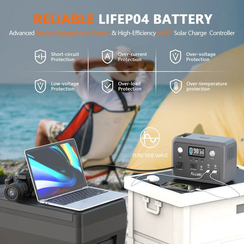 256Wh LiFePO4 Portable Power Station With 300W Continuous Output And 600W Peak Pure Sine Wave Solar Generator with laptop and tent