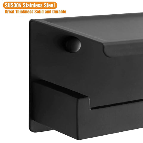 Close-up of matte black toilet paper holder with shelf, SUS304 stainless steel, sturdy design.