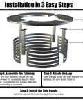 Installation steps for Fire Pit Surround Tabletop For Bonfire Nights, showing tabletop, legs, and side panels assembly.