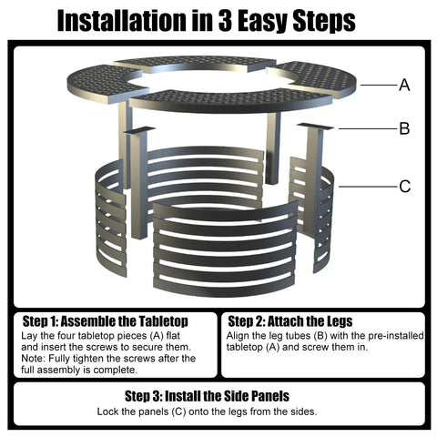 Installation steps for Fire Pit Surround Tabletop For Bonfire Nights, showing tabletop, legs, and side panels assembly.