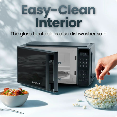 No Sweat Compact Countertop Microwave Oven 0.7 Cubic Foot 700 Watts Fast Heat One Touch Express Cooking Eco Chill with glass turntable.