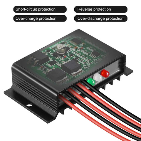 20A 12V 24V IP68 Waterproof PWM Solar Charge Controller for Outdoor Solar Systems with visible wires and circuit protection labels