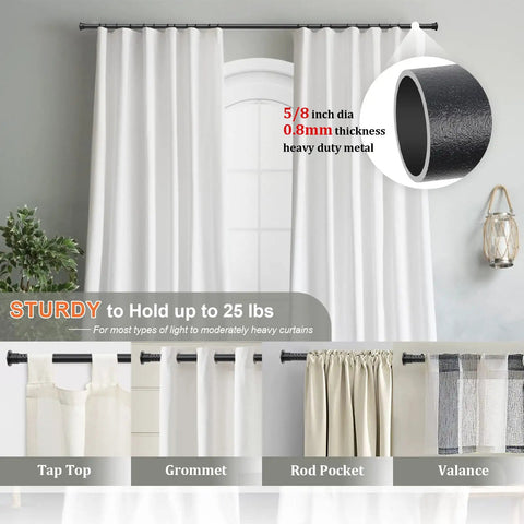 Heavy Duty Curtain Rod Set For Windows 28 To 50 Inches Five Eighth Inch Diameter Matte Black With Brackets shown with curtains.