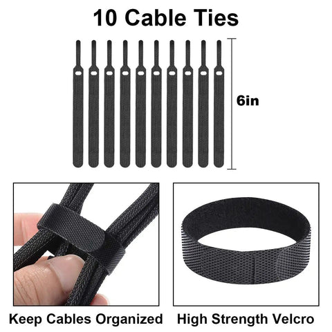 10 black cable ties, 6 inches each, shown wrapping cables neatly; high strength Velcro for organization.