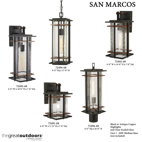 Outdoor Wall Light With A Dope Black And Copper Finish, 11.25 Inches High, 6.5 Inches Wide, Extends 7.75 Inches From Wall, Glass Panels, San Marcos Style Exterior Lighting For Porch Or Front Entry displayed in various angles with clear seeded glass.