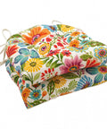Bright Floral Indoor Outdoor Tufted Wicker Chair Pad With Ties Set Of 2 15.5 x 16 Inches Cushions, colorful floral design