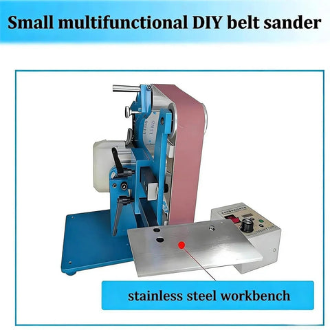 Heavy Duty Vertical Horizontal Belt Grinder Sander With Dual Mode Usage featuring stainless steel workbench and adjustable controls.