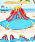 Double Dip Inflatable Water Slide Park with two slides, climbing wall, splash pool, and water cannons, suitable for 3-10 year olds.