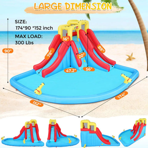 Double Dip Inflatable Water Slide Park with two slides, climbing wall, splash pool, and water cannons, suitable for 3-10 year olds.