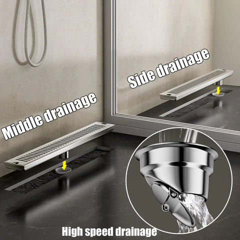 Linear Shower Drain With Hair Catcher, Heavy Gauge Stainless Steel Rectangular Design For Bathroom Floor, showing middle and side drainage options.