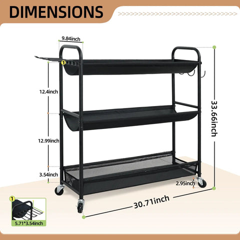 Heavy Duty Basketball Storage Rack With 3 Shelves And Rolling Wheels showing dimensions of black steel stand