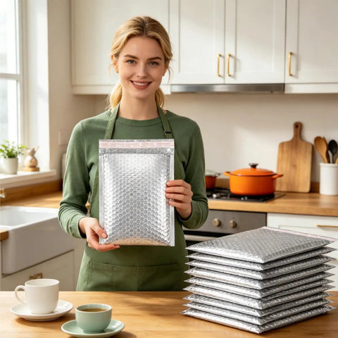 Woman holding Bulk 30 Pack Thermal Bubble Mailers 9.5 X 11 Inch Insulated Self Sealing Waterproof Metallic Foil Padded Envelopes
