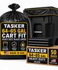 Heavy Duty Sixty Four Gallon Trash Bags Black Garbage Containers Value Pack Of Fifty with secure tie tops and thick liners.