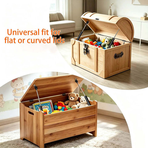 Open toy chest showing 2 Pack 15 Inch Soft Close Toy Box Hinges With Gas Strut Safety Lid Support, toys visible inside lid.