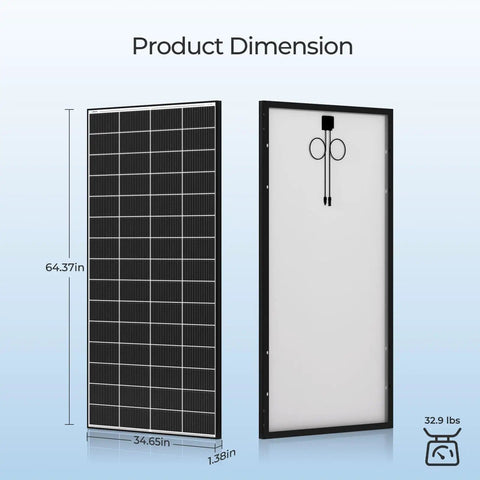 Front and back view of 320W Monocrystalline Solar Panels 2 Pack For 12 24V Off Grid Systems Rooftop Home RV Boat High Efficiency