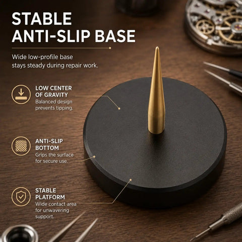 Precision Balance Wheel Holder For Mechanical Watches With Non Magnetic Brass Pin And Anti Slip Base on wood table