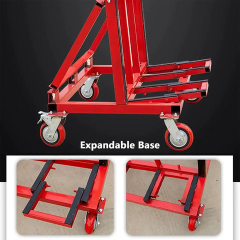 Heavy Duty Foldable Moving Dolly For Hauling Drywall And Marble Slabs 2200 Lb Capacity showing its expandable base and reinforced wheels.