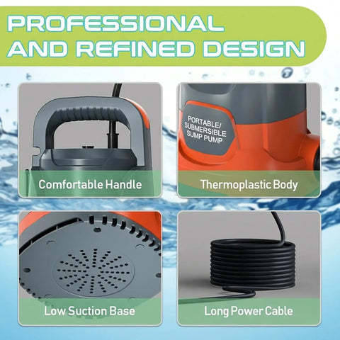 Close-up of Tough As Nails Submersible Sump Pump with comfortable handle, thermoplastic body, low suction base, and long power cable.
