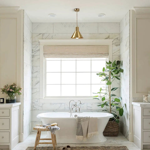 Brushed Gold Modern Cone Pendant Light For Kitchen Island And Hallway Brass Hanging Ceiling Lamp in a stylish bathroom.