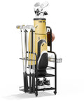 All In One Golf Bag Organizer With Wheels For Garage Storage Holds 1 Bag 8 Club Rack 2 Tier Shoe And Accessory Shelves Ball Mesh Basket