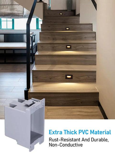 12 Pack 14 Cu In Single Gang Old Work Electrical Outlet Box For Retrofit Walls Heavy Duty Steel Electrical Boxes With Four Knockouts And Easy Wiring Ideal For Home Renovations New Installations And Quick Upgrades, PVC retrofit box on lit wooden stairs